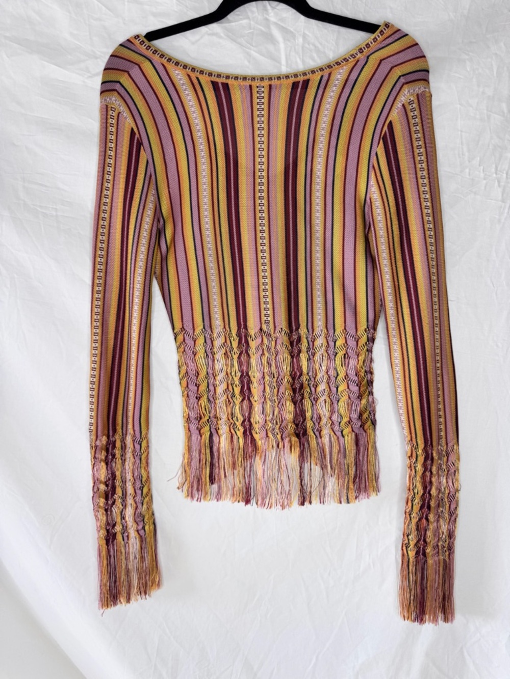 Christian Dior by John Galliano Vintage Striped Fringe V-Neck Long Sleeve Top - Picture 3 of 14